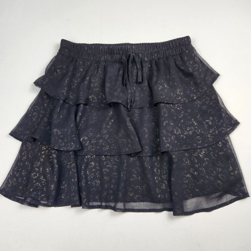 Mi Ami Tiered Ruffle Mini Skirt Black/Gold Leopard Foil Womens M Chiffon Casual